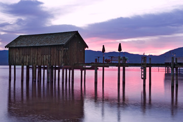 USA, Nevada, Lake Tahoe. Boat dock at sunrise. 