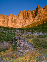 Fototapeta na wymiar USA, Montana, Glacier National Park, Peaks of the Garden Wall rise steeply beyond fall colored shrubs and small conifers at sunset.
