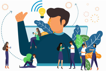 Online assistant at work Promotions in the network Managers at remote locations find new ideas, solutions, work together in brainstorming companies. Big business man like and thumb up success. vector.