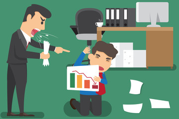 Angry boss character shouting to worker. Financial crisis. Graph down. boss and leader concept. Vector flat cartoon illustration