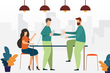 Business people meeting with discussion and working together in a coworking space they are connecting with computers. business people discussing a project and solutions for business. teamwork concept.