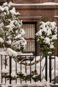 New York, Upper East Side After A Snowstorm, Detail Of Wrought Iron Fence With Snow And Christmas Greens In Front Of Brownstone