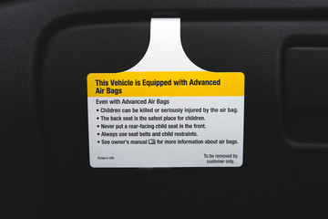 Advanced Air bag warning label on new vehicle