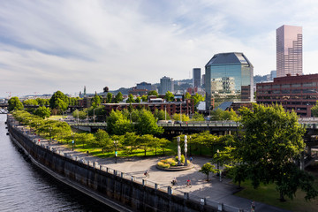 Fototapeta premium USA, Oregon, Portland. The view of downtown with waterfront park from the Steel Bridge.