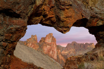 USA, Oregon. View of Leslie Gulch through rock opening. 