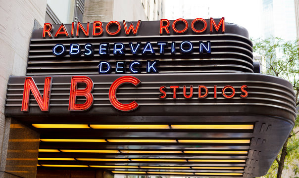 New York, New York, USA - September 13, 2011: NBC Studios Marquee on 49th Street off 6th Avenue. This marquee sits above  an entrance to the Rockefeller Center complex in New York City.