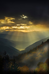 USA, North Carolina, Great Smoky Mountains. Sunrise light beams flood mountains and forest in fall colors. Credit as: Nancy Rotenberg / Jaynes Gallery / DanitaDelimont.com