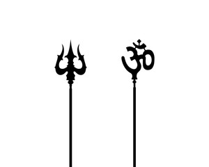 Black silhouette of the Trishula and the Om or Aum symbols on long-handled staffs, vector illustration