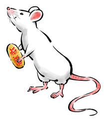 ２０２０年　年賀素材　子年　ねずみ　筆タッチ　和風