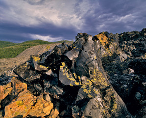 USA, Oregon, Newberry Crater NVM. Jagged rocks fill the Big Obsidian Flow at Newberry National Volcanic Monument in Central Oregon.