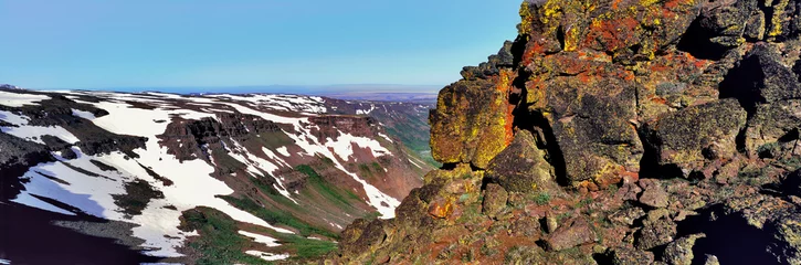 Fotobehang USA, Oregon, Steens Mountain. Brightly colored lichen cover a rock wall above Donner and Blitzen Gorge on Steens Mountain in Oregon. © Ric Ergenbright/Danita Delimont