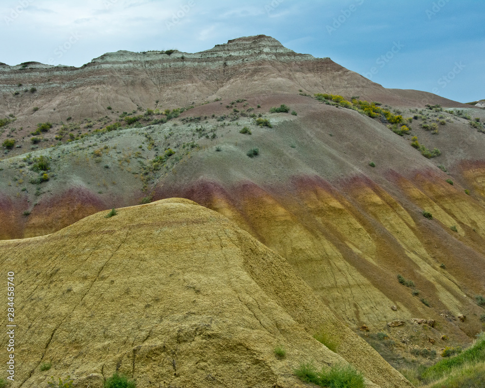 Sticker eroding hills, badlands national park, south dakota, usa