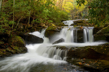 Usa, Tennessee, Great Smoky Mountains national Park. Autumn Trees and waterfall on the Little River.