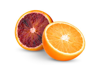 half orange and blood orange isolated on white background
