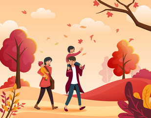 Family walking in autumn illustration