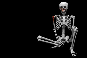 Fake human skeleton sitting on black background
