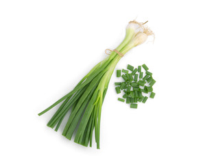 green onion vegetable with slices isolated on white background, flat lay, top view