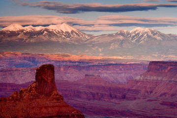 USA, Utah, Dead Horse Point State Park. View of La Sal Mountains at sunset. 