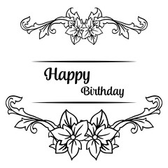 Shape vintage card, with lettering of happy birthday, design elegant beautiful floral frame. Vector