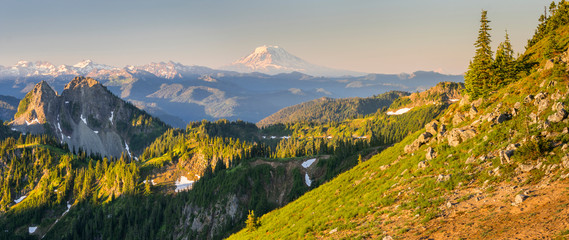 USA. Washington State. Panorama of Mt. Adams, Goat Rocks and Double Peak from the shoulder of Tamanos Mountain at Mt. Rainier National Park.