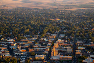 USA, Washington State, Walla Walla County. Downtown Walla Walla from a small airplane.