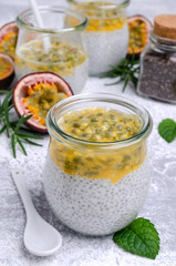 Dairy dessert with chia seeds and passion fruit