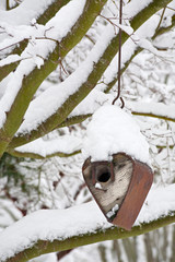 Naklejka premium USA, Washington, Seabeck. Heart-shaped bird house covered in snow. 