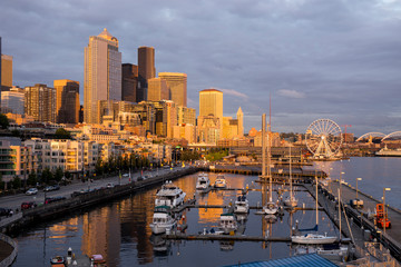USA, Washington State, Seattle. Night time skyline from Pier 66.