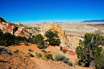 USA, Utah, Boulder, Burr Trail, Vista of the Waterpocket Fold and Henry Mountains above Burr Trail...