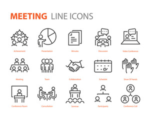 set of meeting icons, such as seminar, classroom, team, conference, work, classroom