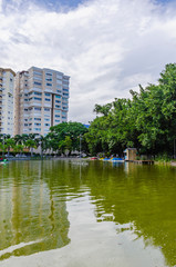 lake surrounded by natural and tropical landscapes of a park with an arch bridge cruising the lake with beautiful green tones and reflection in the water and city buildings in the background