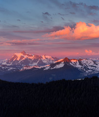 USA. Washington State. Mt. Shuksan and Lasiocarpa Ridge off Mt. Baker, from Skyline Divide at sunset.