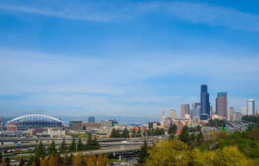 Fototapeta na wymiar USA, Washington State, Seattle. View of downtown Seattle and the area immediately south, including Century Link Field, with Interstate 5.