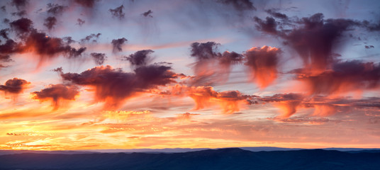 USA, Virginia. Shenandoah National Park, panoramic sunset over Massanutten and the Allegheny...