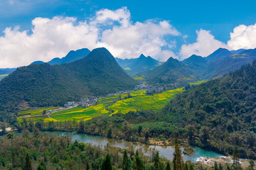 The Panorama Top view Yellow Flowers of Rapeseed fields with stream Jiulong Waterfalls and mountain in background at Luoping,Yunnan, China