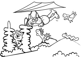 Group of animals in nature, black and white funny illustration, coloring book, vector 