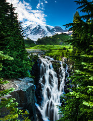 Fototapeta na wymiar USA, Washington State, Mount Rainier National Park, Mount Rainier, waterfall