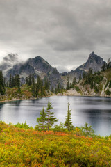 WA, Alpine Lakes Wilderness, Gem Lake, with Chair Peak and Kaleetan Peak
