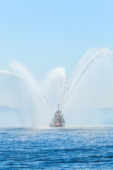 Seattle Fire Boat, views aboard USS Bunker Hill (CG 52) guided missile cruiser, Seafair Celebration Parade of Ships, Fleet Week, Elliott Bay, Seattle, Washington State, USA