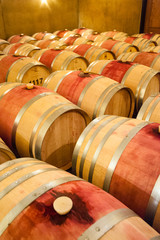USA, Washington, Walla Walla. Barrel room at Walla Walla winery.