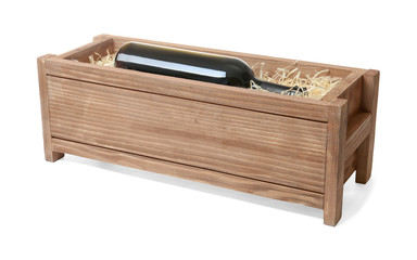 Open wooden crate with bottle of wine isolated on white