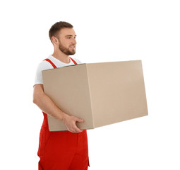 Young worker carrying box isolated on white. Moving service