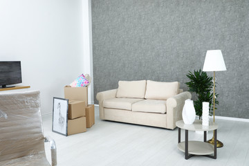Moving boxes, stuff and furniture in room