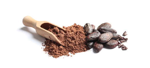 Wooden scoop, cocoa beans and powder isolated on white