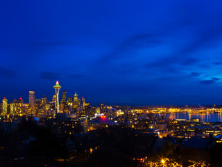 Fototapeta na wymiar USA, Washington State, Seattle, Night View of Seattle Skyline with Christmas Tree on the Space Needle