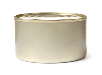 Closed tin can isolated on white, mockup for design