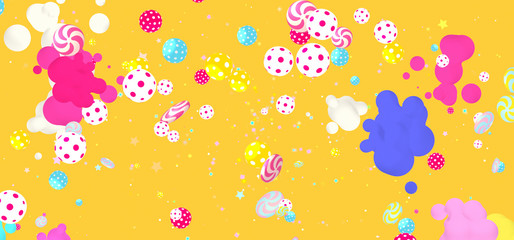 Abstract floating metaballs and polka dots spheres on yellow background. 3d render.