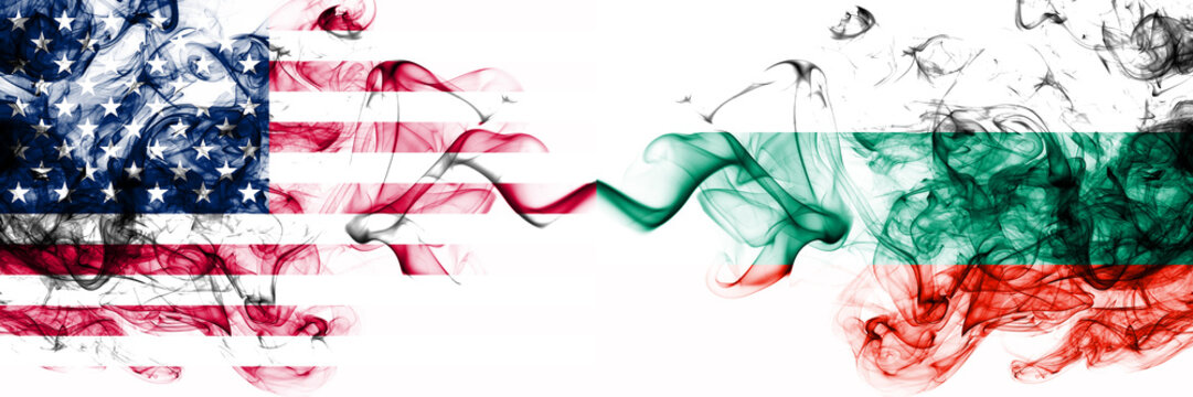 United States of America vs Bulgaria, Bulgarian smoky mystic flags placed side by side. Thick colored silky abstract smokes banner of America and Bulgaria, Bulgarian - Powered by Adobe