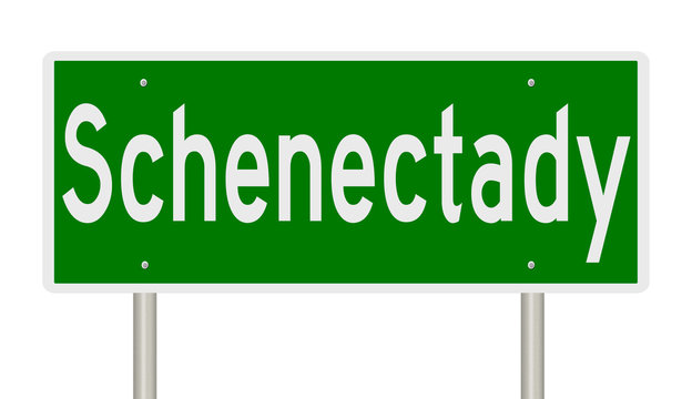 Rendering of a green highway sign for Schenectady New York