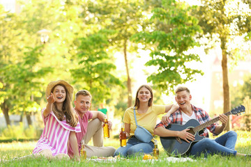 Young people enjoying picnic in park on summer day